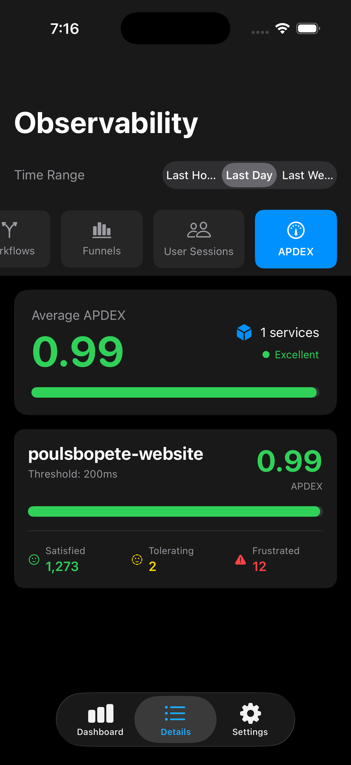 APDEX Overview - Average APDEX scores across services with satisfied, tolerating, and frustrated user counts