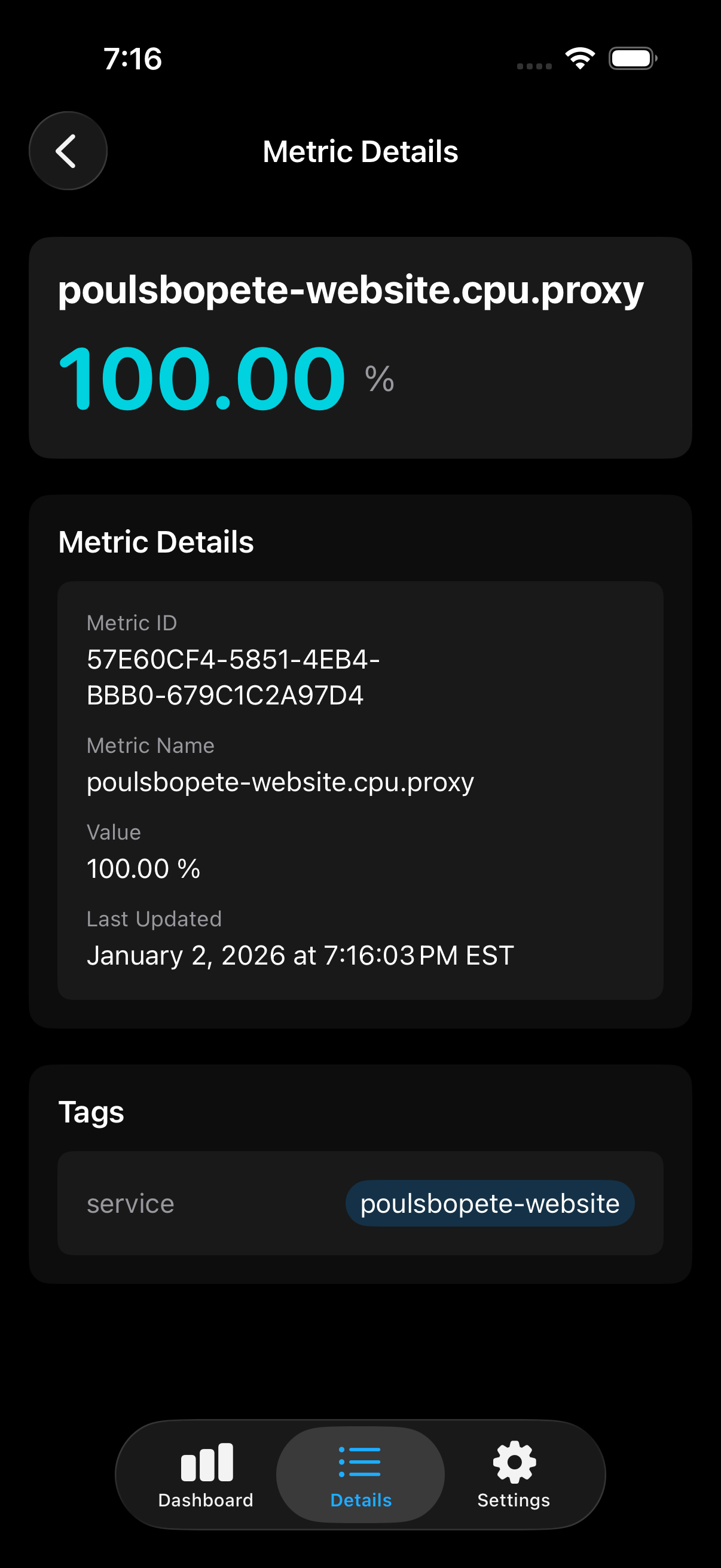 Metric Details - Drill down into individual metrics with full IDs, timestamps, and service tags