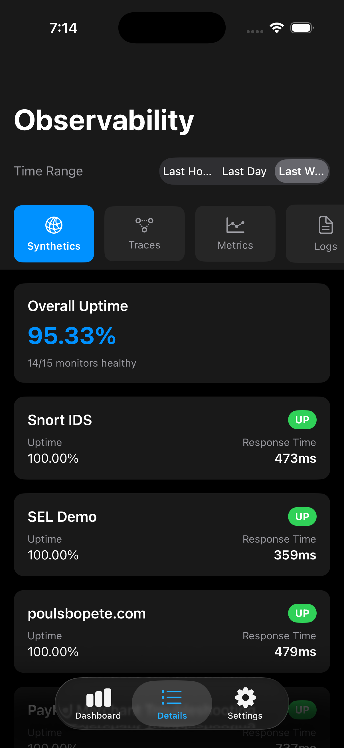 Synthetics Monitoring - Monitor synthetic checks with overall uptime percentage and individual endpoint status including response times