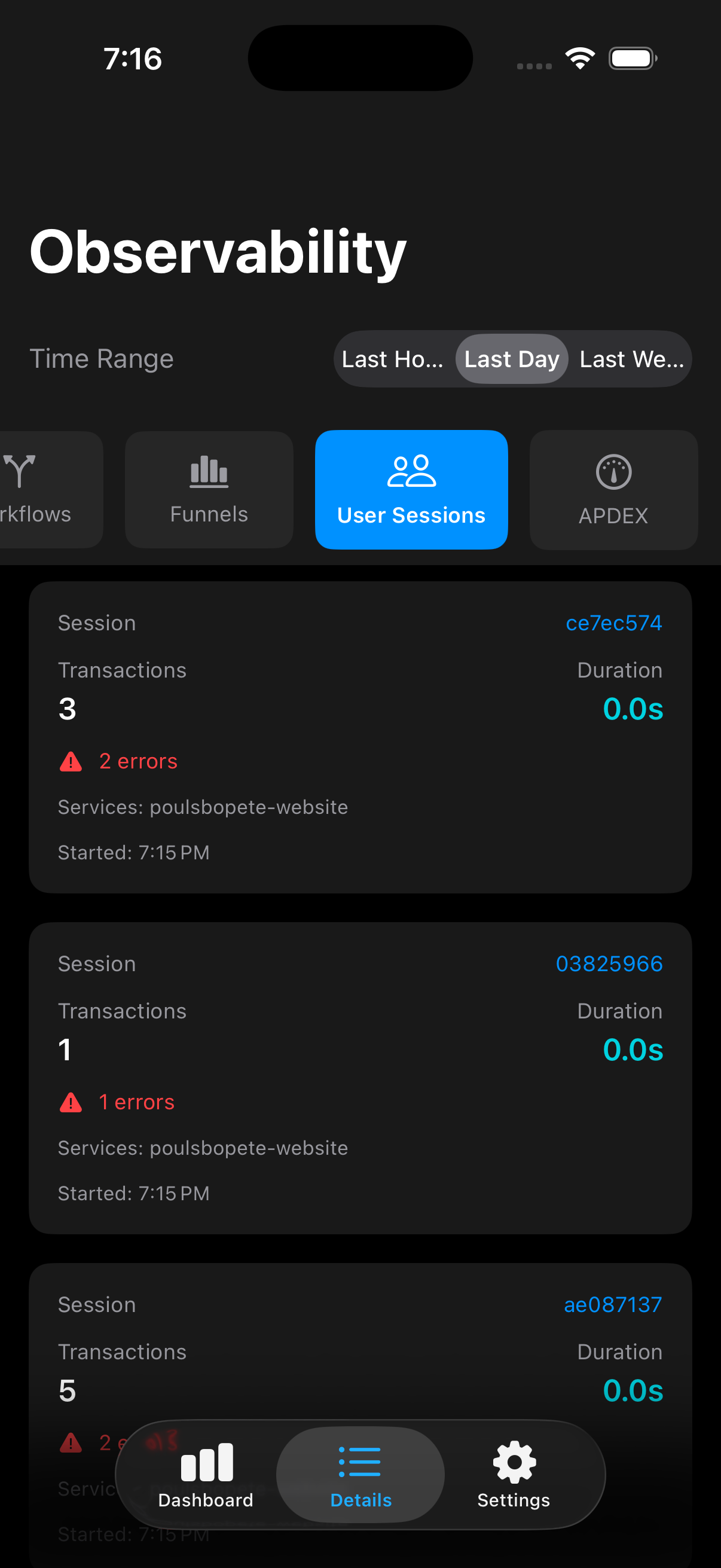User Sessions - Track individual user sessions with transaction counts, errors, and durations